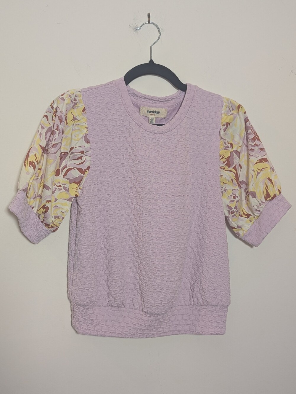 Anthropologie Porridge Clothing Lilac Floral Puff Sleeve Textured Top XXS